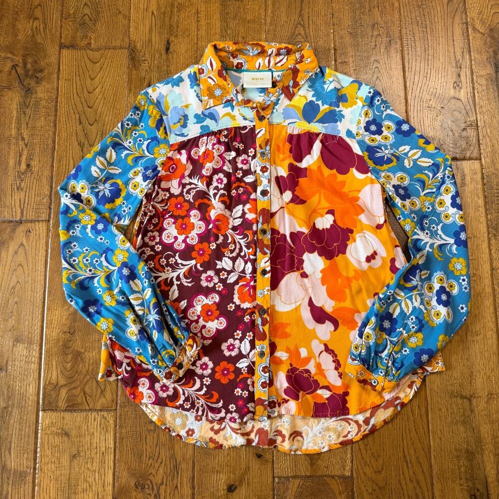 Maeve Women Button Down Shirt Sz XS Multicolor Floral Patchwork Mixed Media Boho